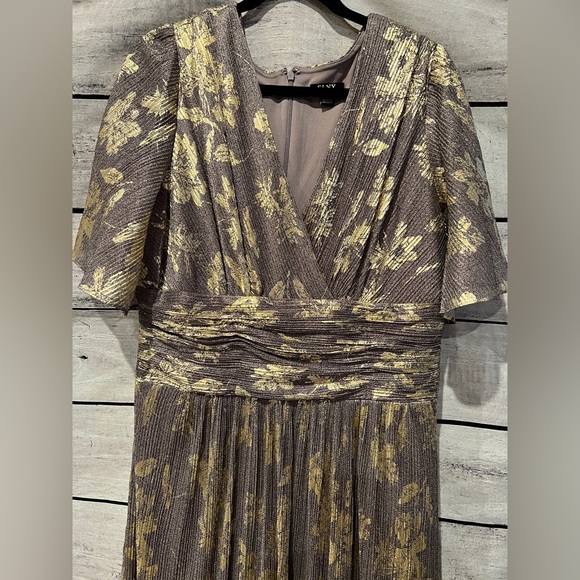 SLNY Fashions Mauve Gold Foil Floral A-Line Gown Faux Wrap Flutter Sleeve Dress - Picture 4 of 7